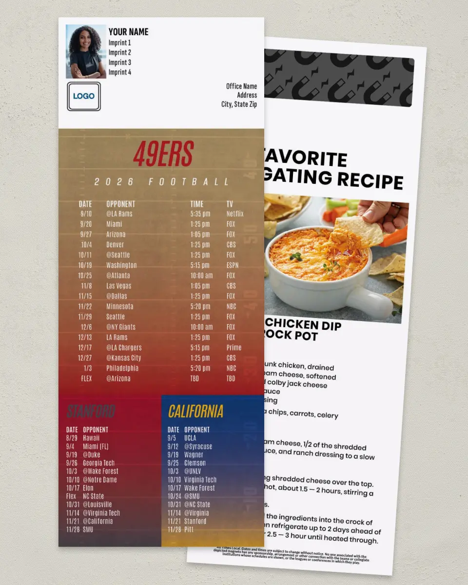 This is a 3½" x 9" Football Schedule Magnet called 49ers + Stanford University + University of California printed in full color