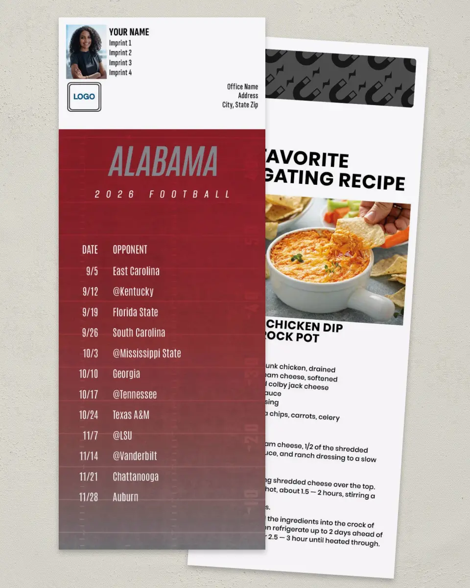 This is a 3½" x 9" Football Schedule Magnet called Alabama printed in full color