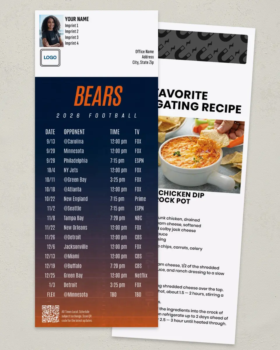 This is a 3½" x 9" Football Schedule Magnet called Bears printed in full color