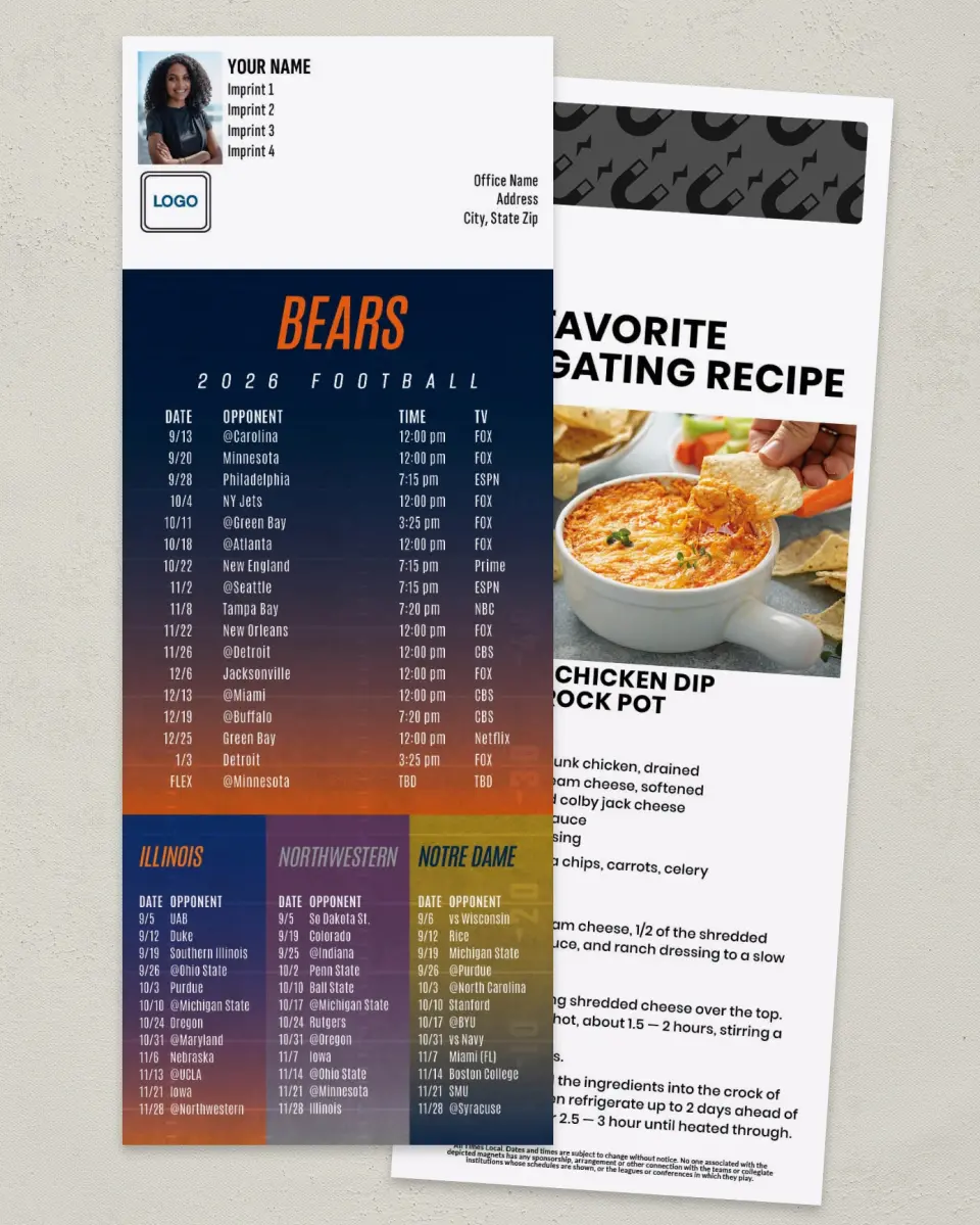 This is a 3½" x 9" Football Schedule Magnet called Bears + University of IL + Northwestern Univ + Notre Dame printed in full color