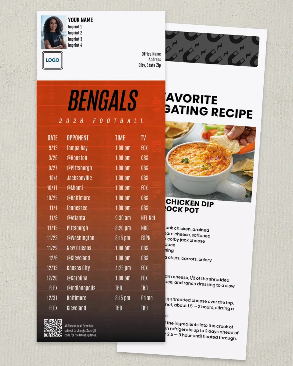 This is a 3½" x 9" Football Schedule Magnet called Bengals printed in full color
