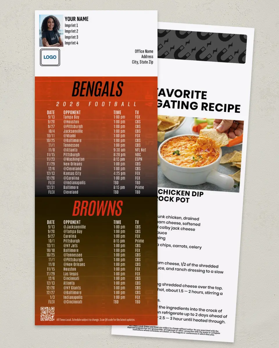 This is a 3½" x 9" Football Schedule Magnet called Bengals + Browns printed in full color