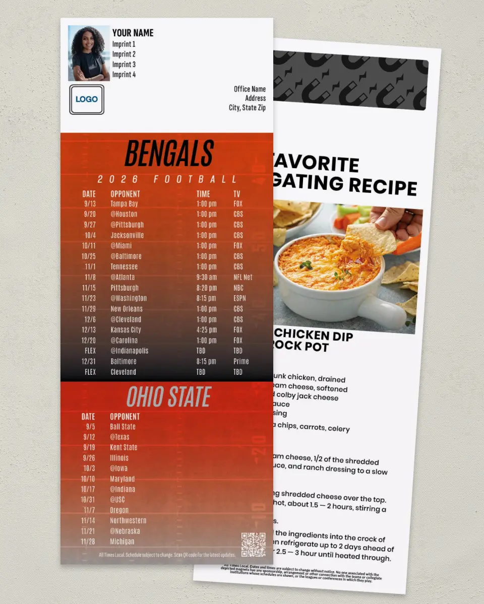 This is a 3½" x 9" Football Schedule Magnet called Bengals + Ohio State printed in full color