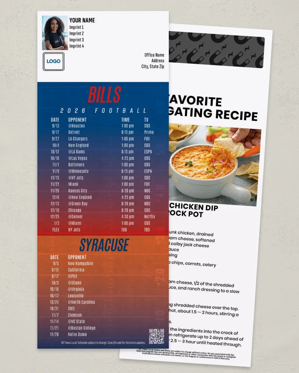 This is a 3½" x 9" Football Schedule Magnet called Bills + Syracuse printed in full color