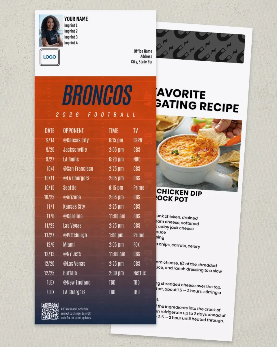 This is a 3½" x 9" Football Schedule Magnet called Broncos printed in full color