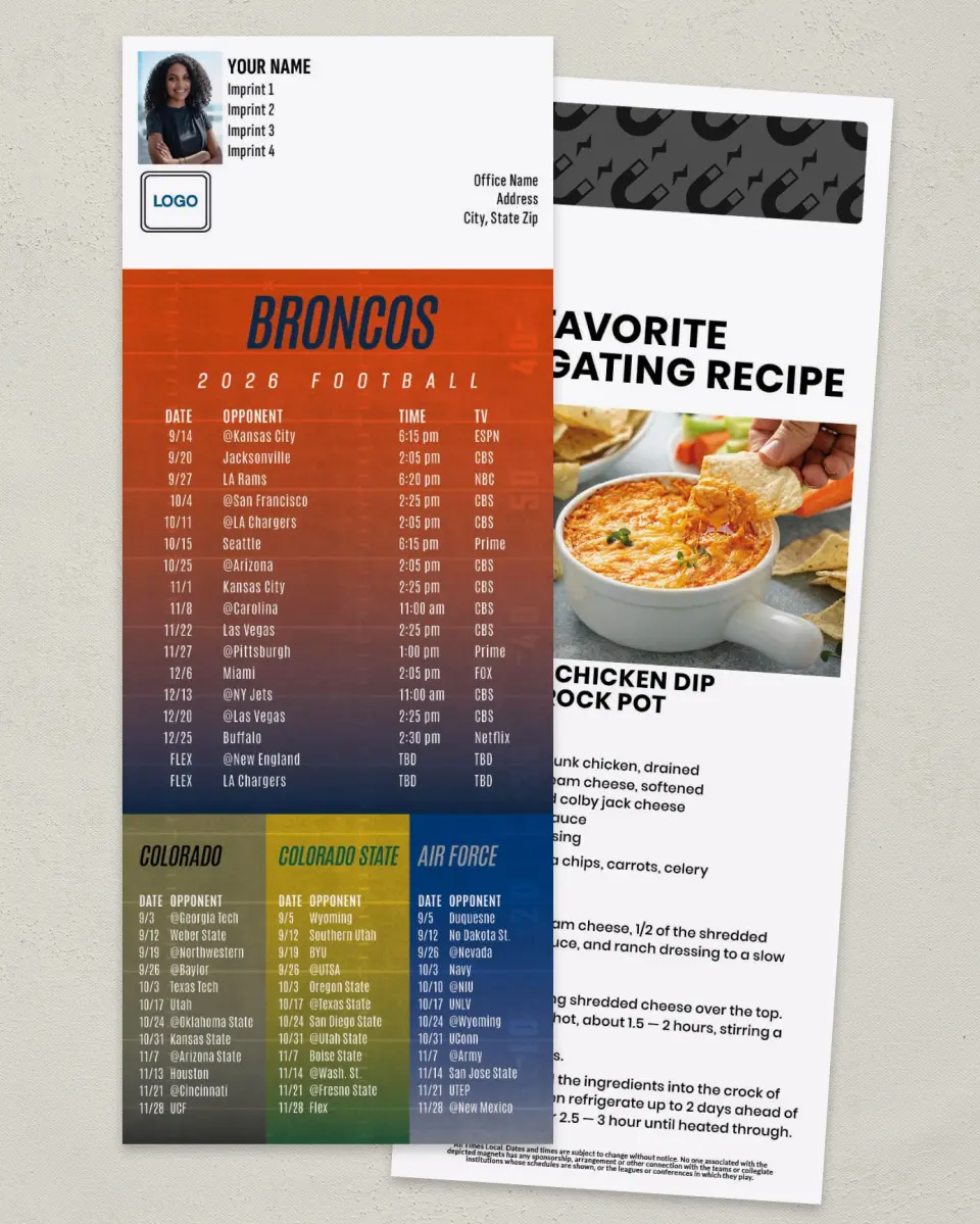 This is a 3½" x 9" Football Schedule Magnet called Broncos + University of CO + CO State + Air Force Academy printed in full color
