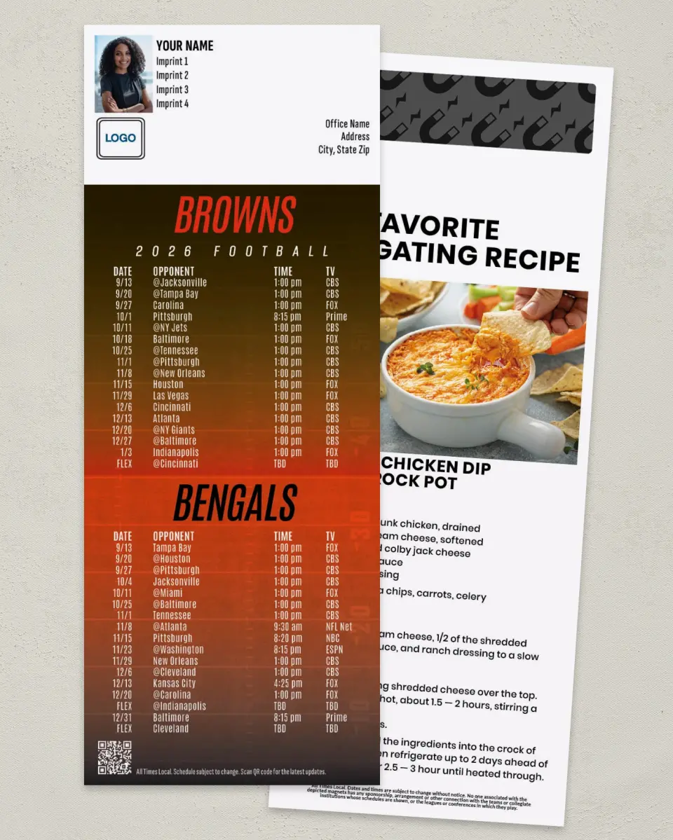 This is a 3½" x 9" Football Schedule Magnet called Browns + Bengals printed in full color