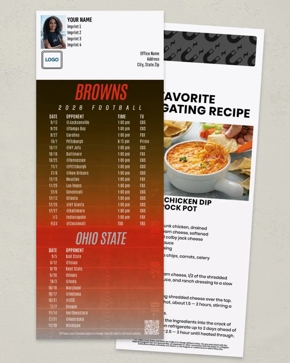 This is a 3½" x 9" Football Schedule Magnet called Browns + Ohio State printed in full color