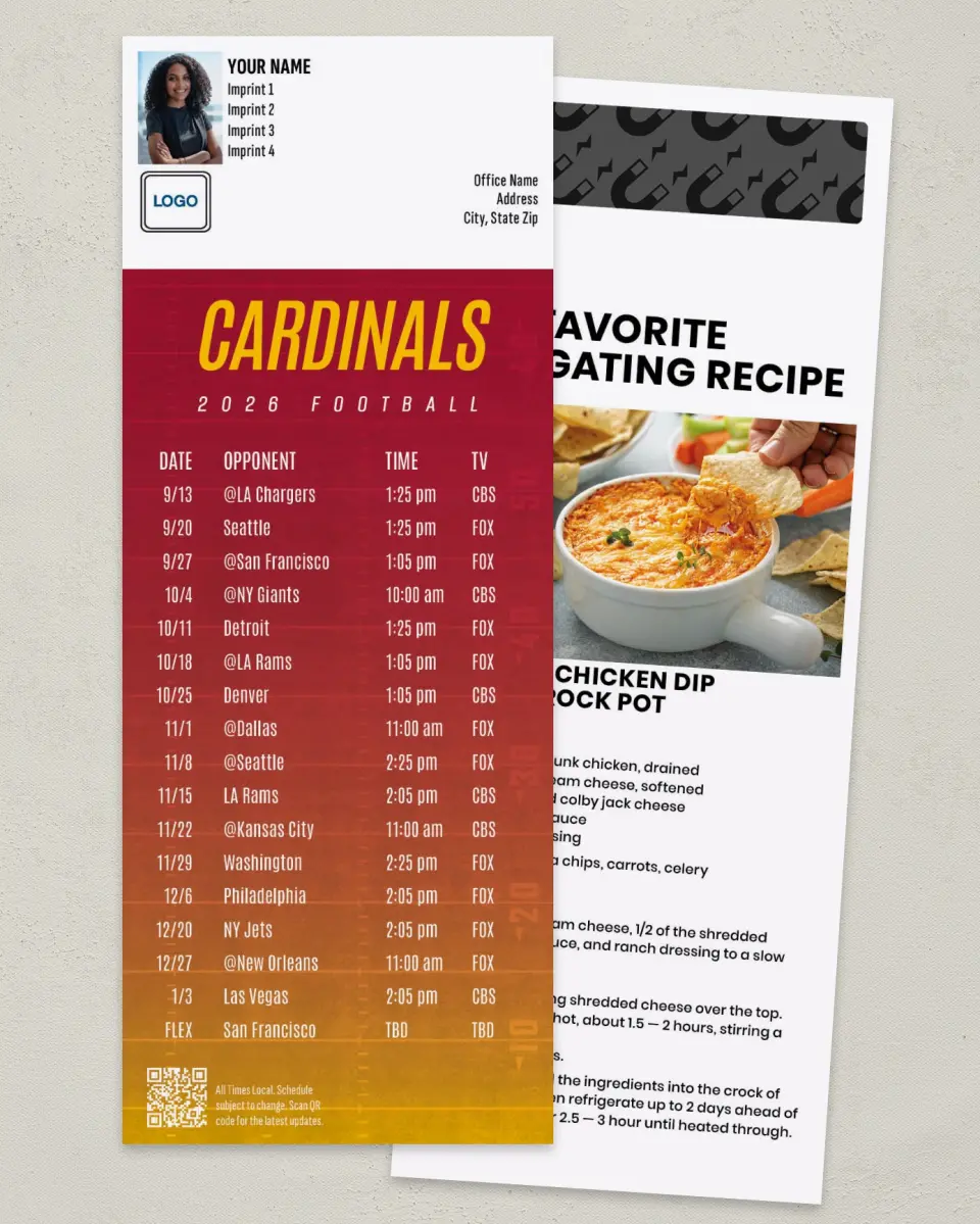 This is a 3½" x 9" Football Schedule Magnet called Cardinals printed in full color