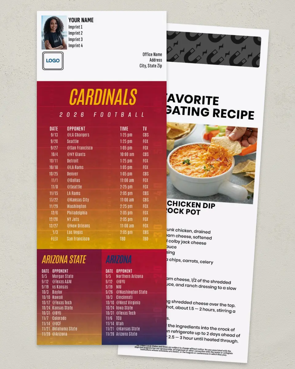 This is a 3½" x 9" Football Schedule Magnet called Cardinals + Arizona State Sun Devils + Arizona Wildcats printed in full color