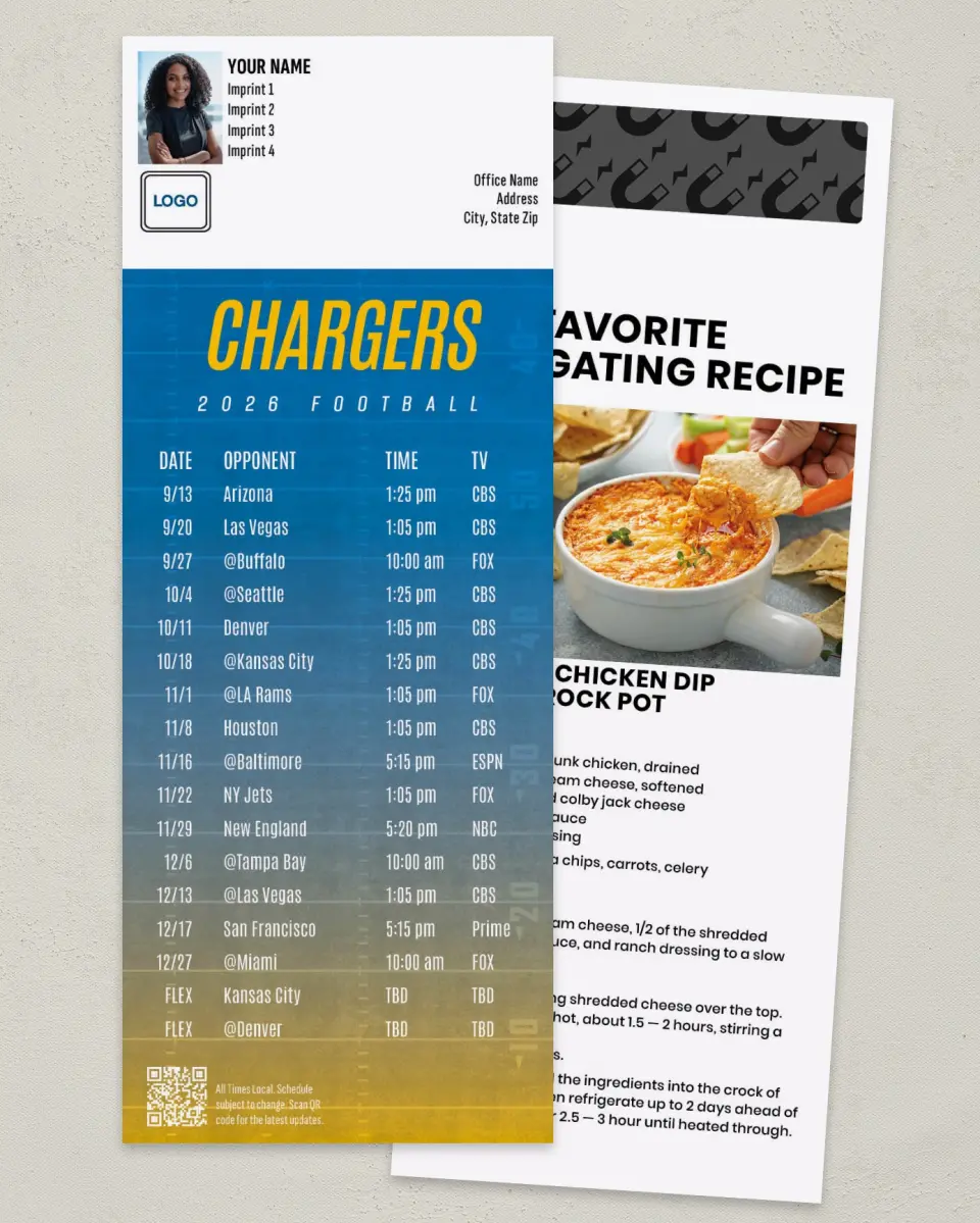 This is a 3½" x 9" Football Schedule Magnet called Chargers printed in full color