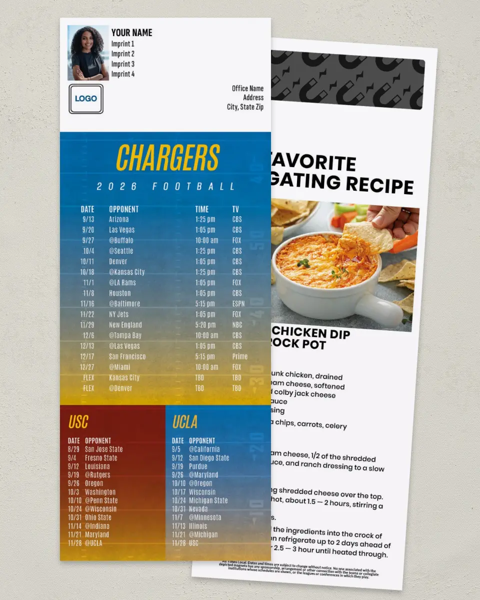 This is a 3½" x 9" Football Schedule Magnet called Chargers + USC + UCLA printed in full color