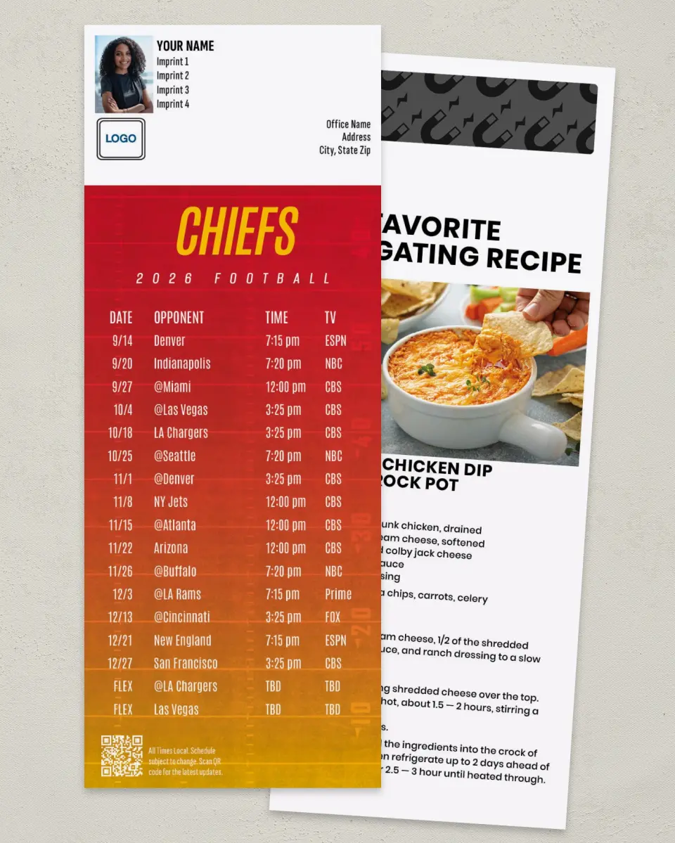 This is a 3½" x 9" Football Schedule Magnet called Chiefs printed in full color