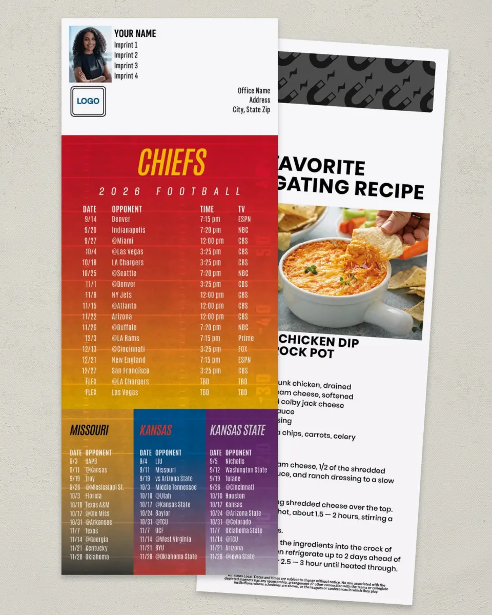This is a 3½" x 9" Football Schedule Magnet called Chiefs + Univ of Missouri + Univ of Kansas + Kansas State printed in full color