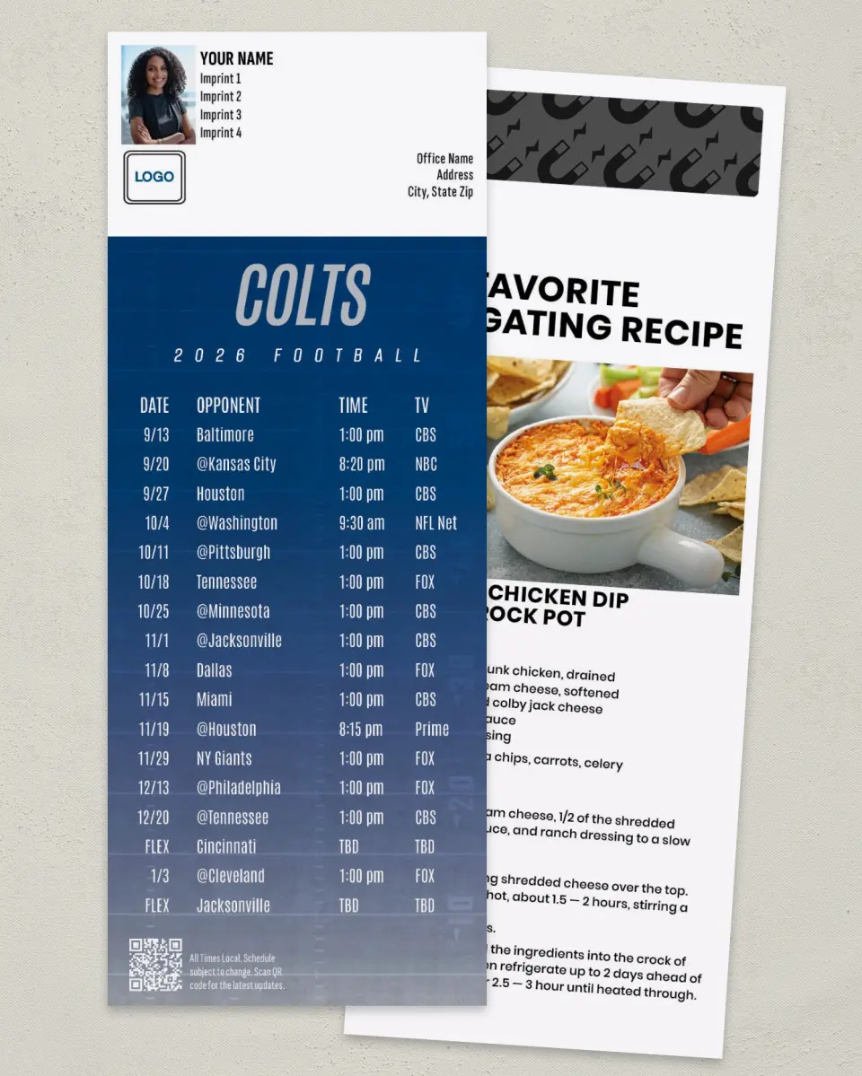 This is a 3½" x 9" Football Schedule Magnet called Colts printed in full color