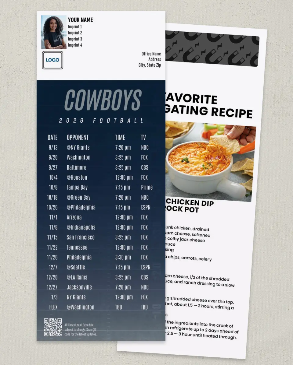 This is a 3½" x 9" Football Schedule Magnet called Cowboys printed in full color