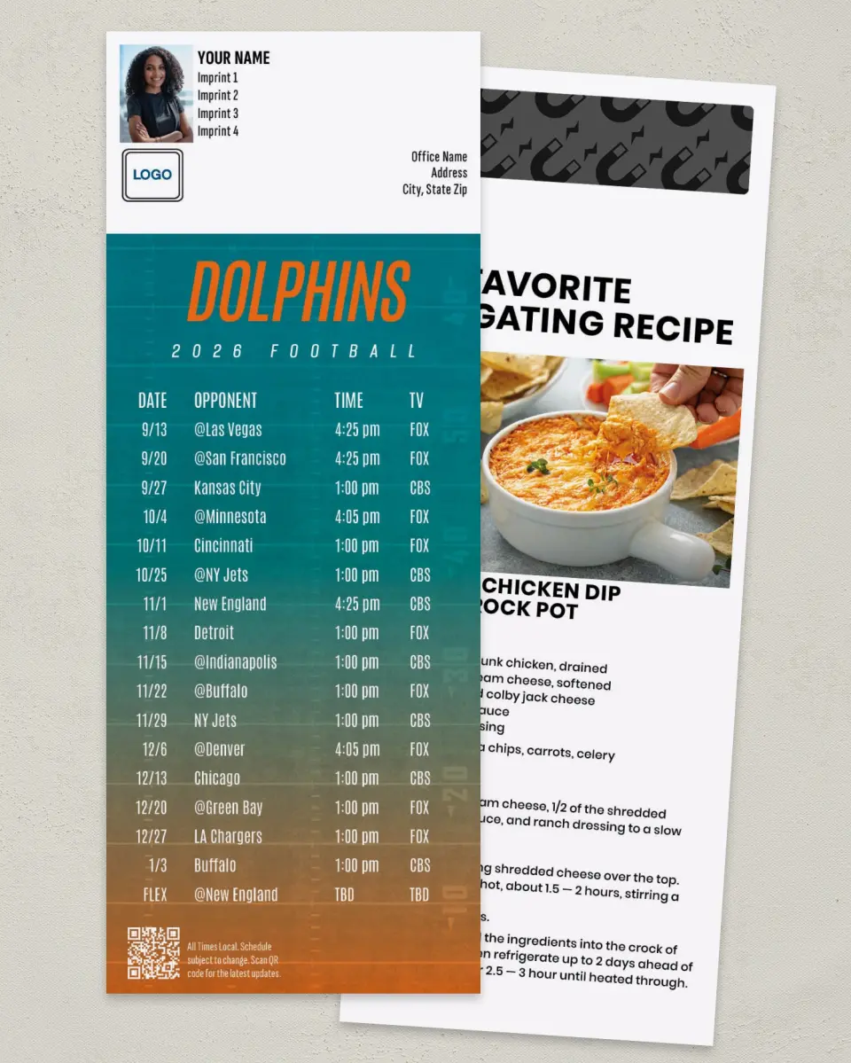 This is a 3½" x 9" Football Schedule Magnet called Dolphins printed in full color