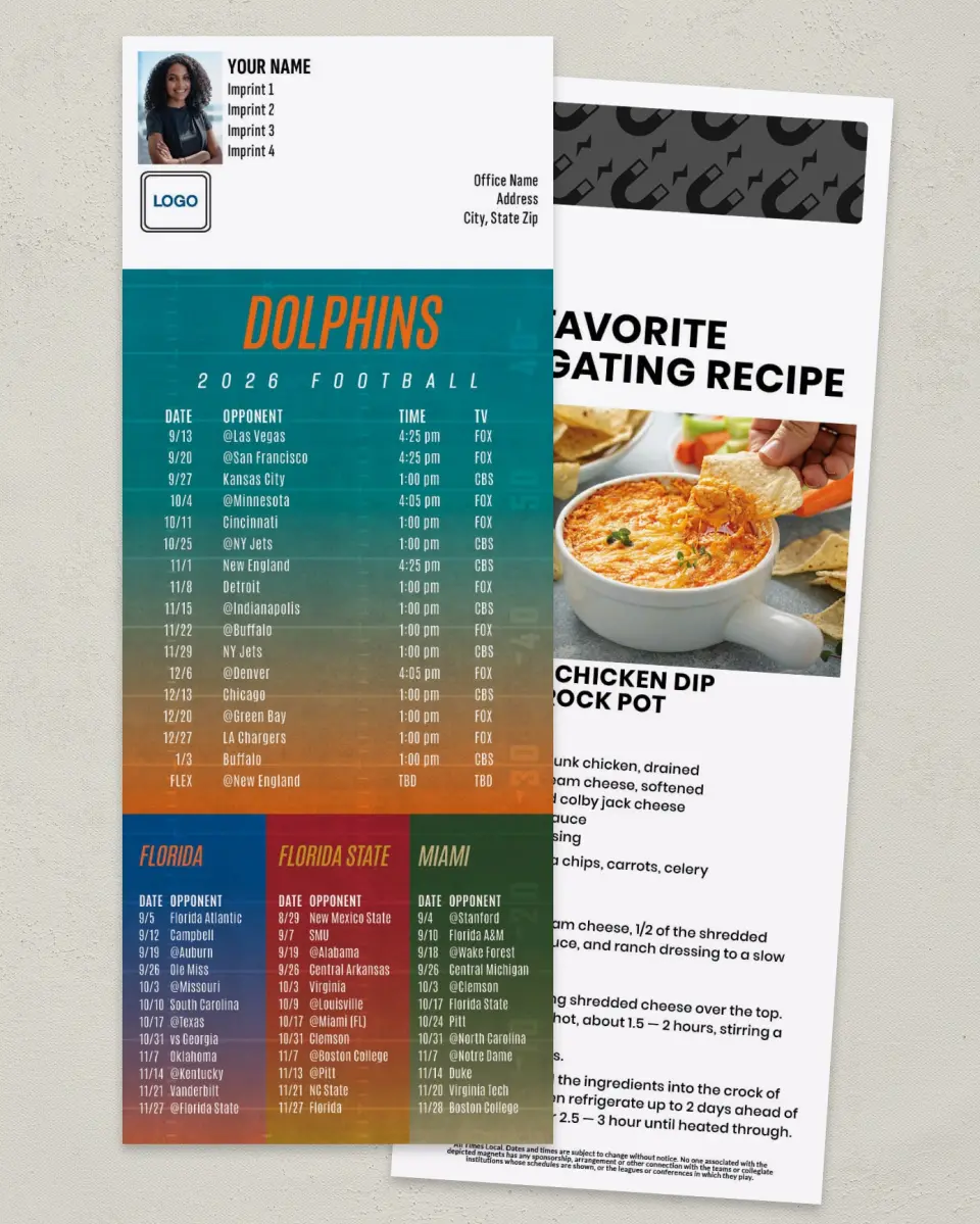 This is a 3½" x 9" Football Schedule Magnet called Dolphins + Univ of Florida + Florida State + Univ of Miami printed in full color