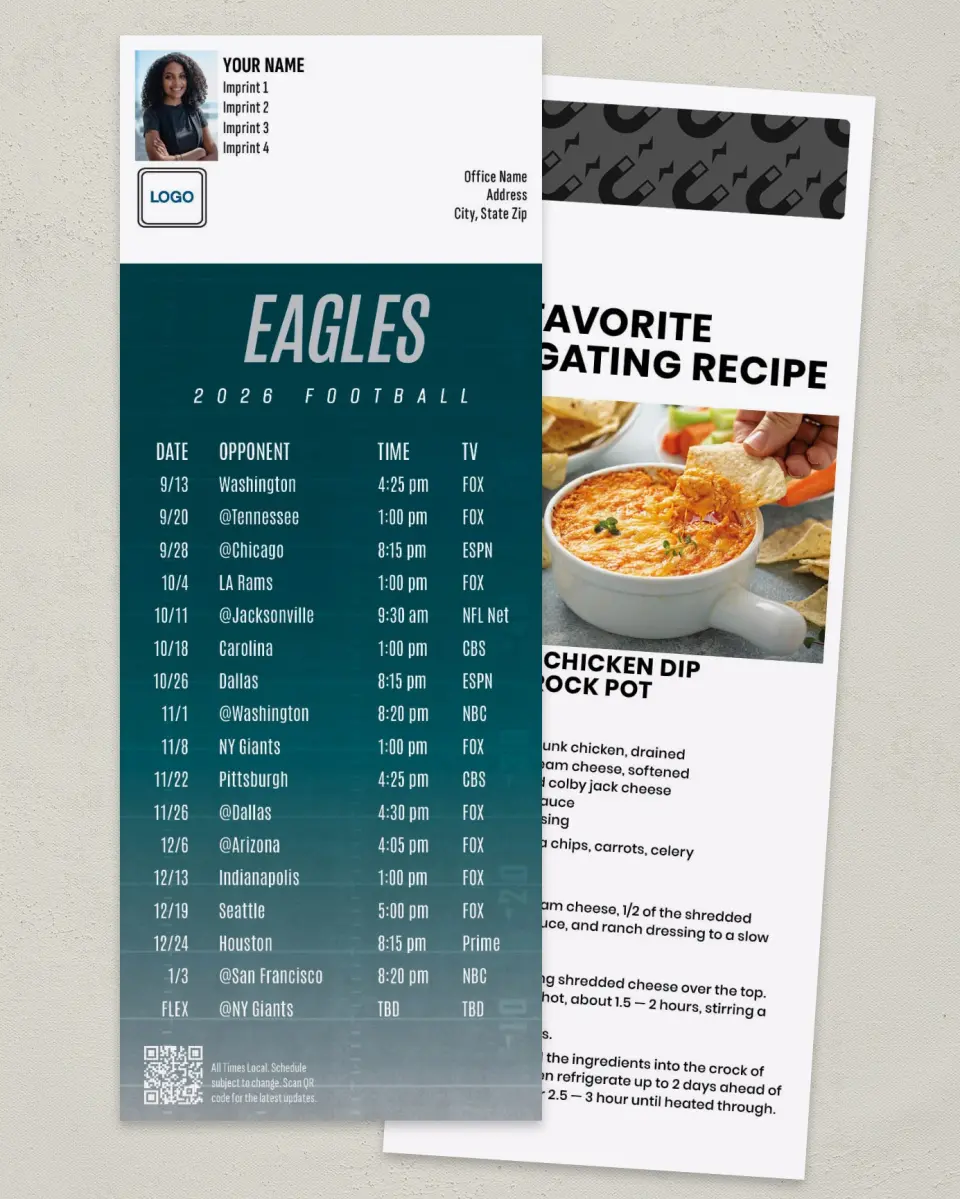 This is a 3½" x 9" Football Schedule Magnet called Eagles printed in full color