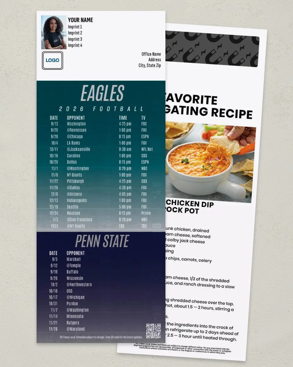 This is a 3½" x 9" Football Schedule Magnet called Eagles + Penn State printed in full color