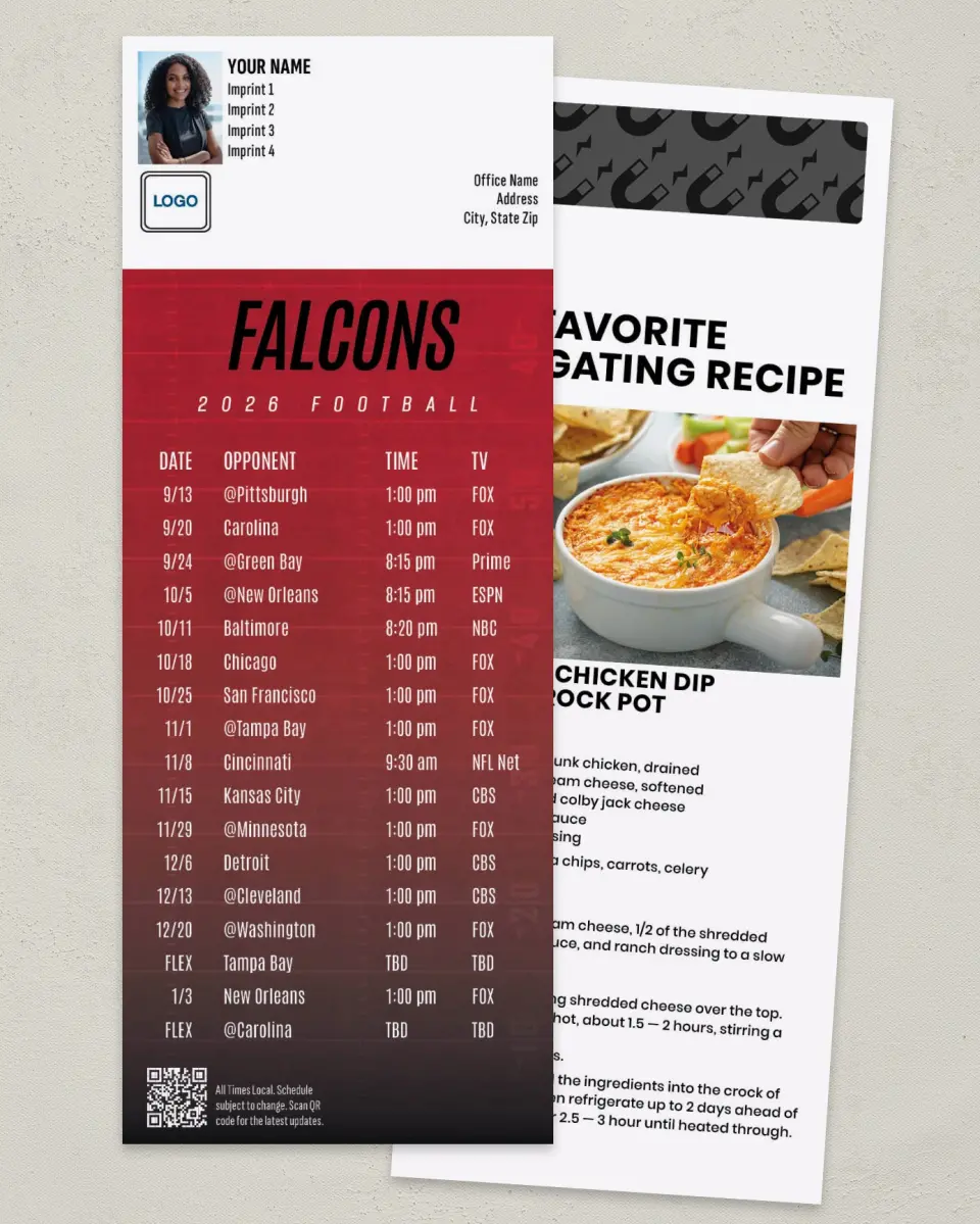 This is a 3½" x 9" Football Schedule Magnet called Falcons printed in full color