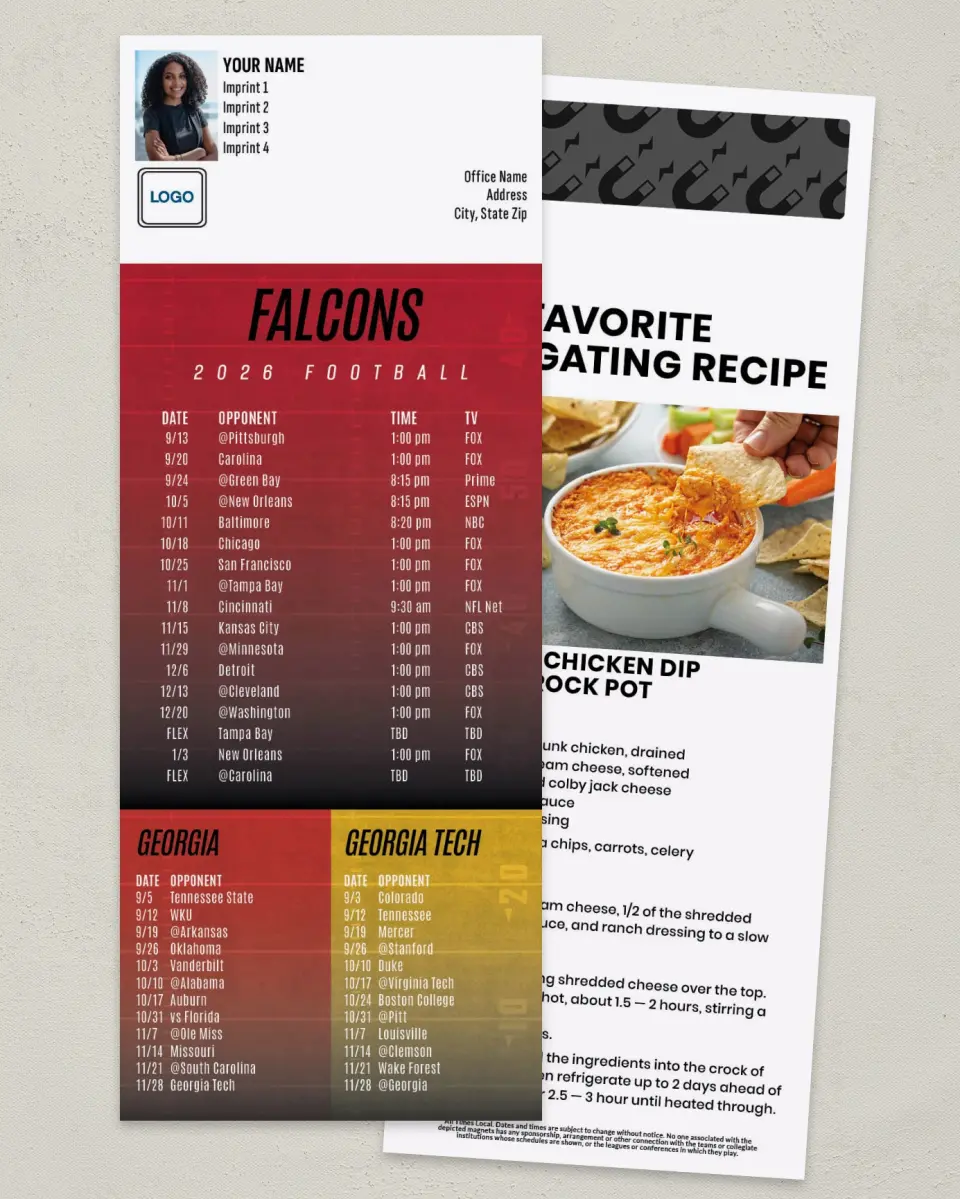 This is a 3½" x 9" Football Schedule Magnet called Falcons + University of Georgia + Georgia Tech printed in full color