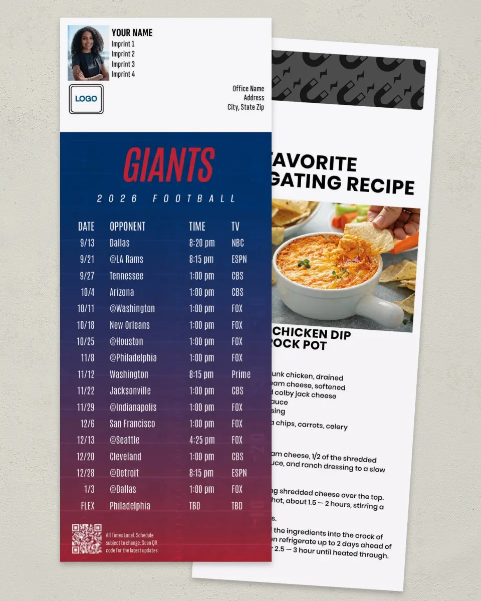 This is a 3½" x 9" Football Schedule Magnet called Giants printed in full color