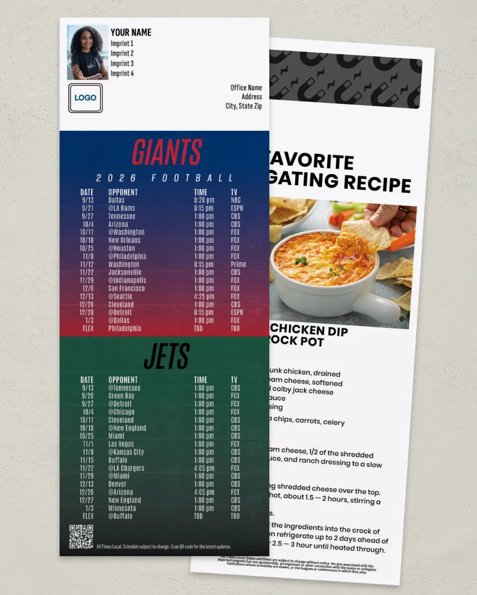 This is a 3½" x 9" Football Schedule Magnet called Giants + Jets printed in full color