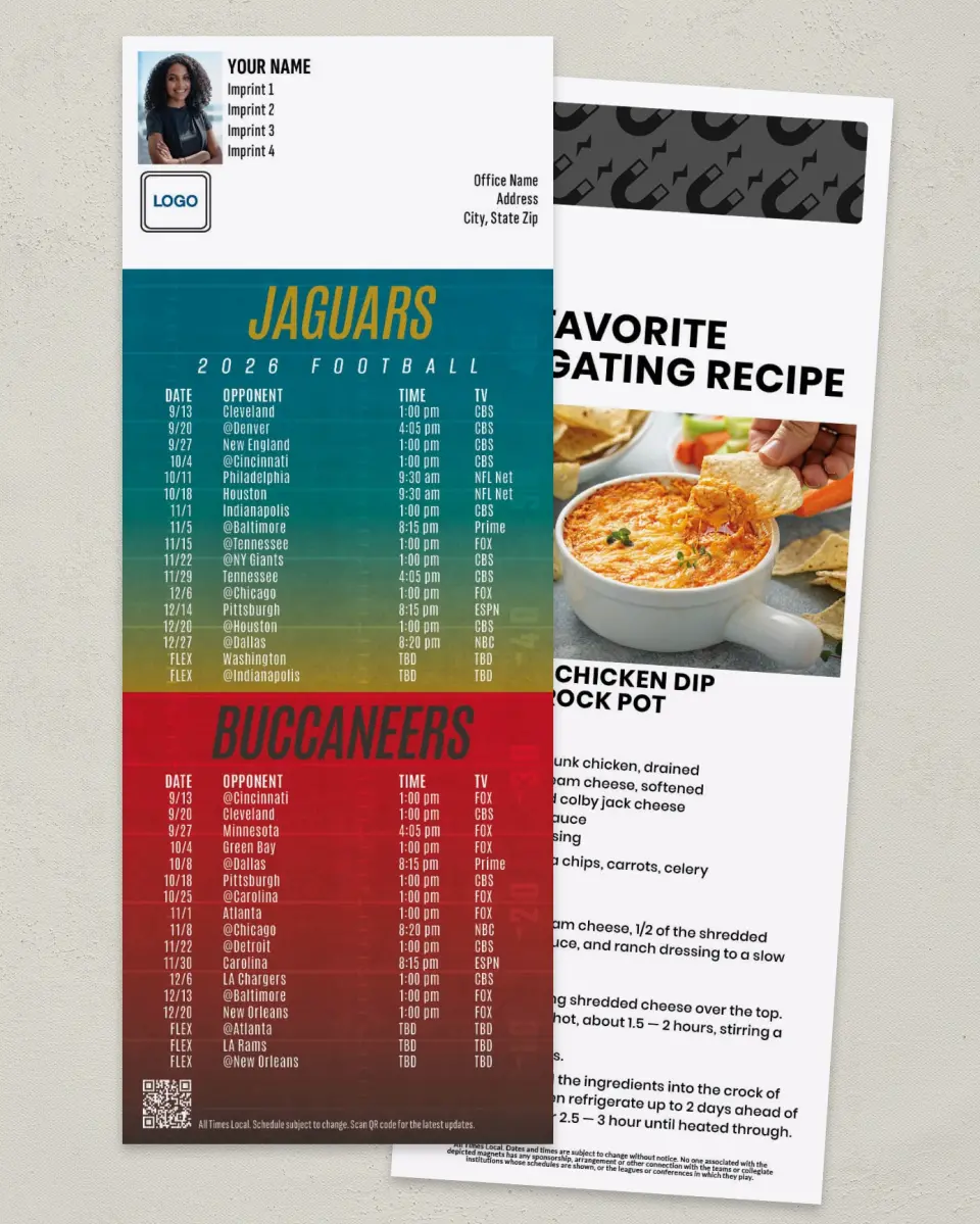 This is a 3½" x 9" Football Schedule Magnet called Jaguars + Buccaneers printed in full color