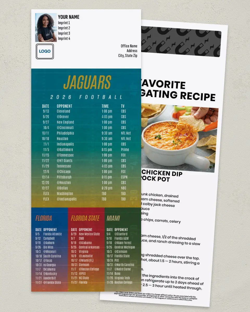 This is a 3½" x 9" Football Schedule Magnet called Jaguars + Univ of Florida + Florida State + Univ of Miami printed in full color