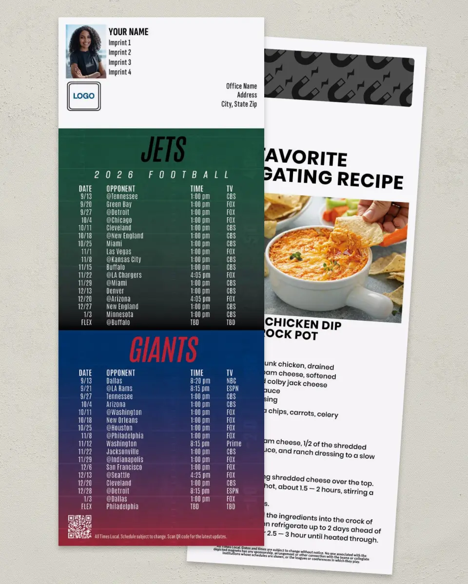 This is a 3½" x 9" Football Schedule Magnet called Jets + Giants printed in full color