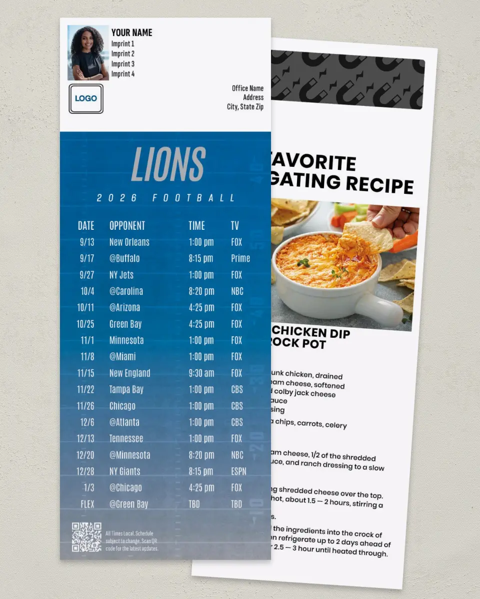 This is a 3½" x 9" Football Schedule Magnet called Lions printed in full color