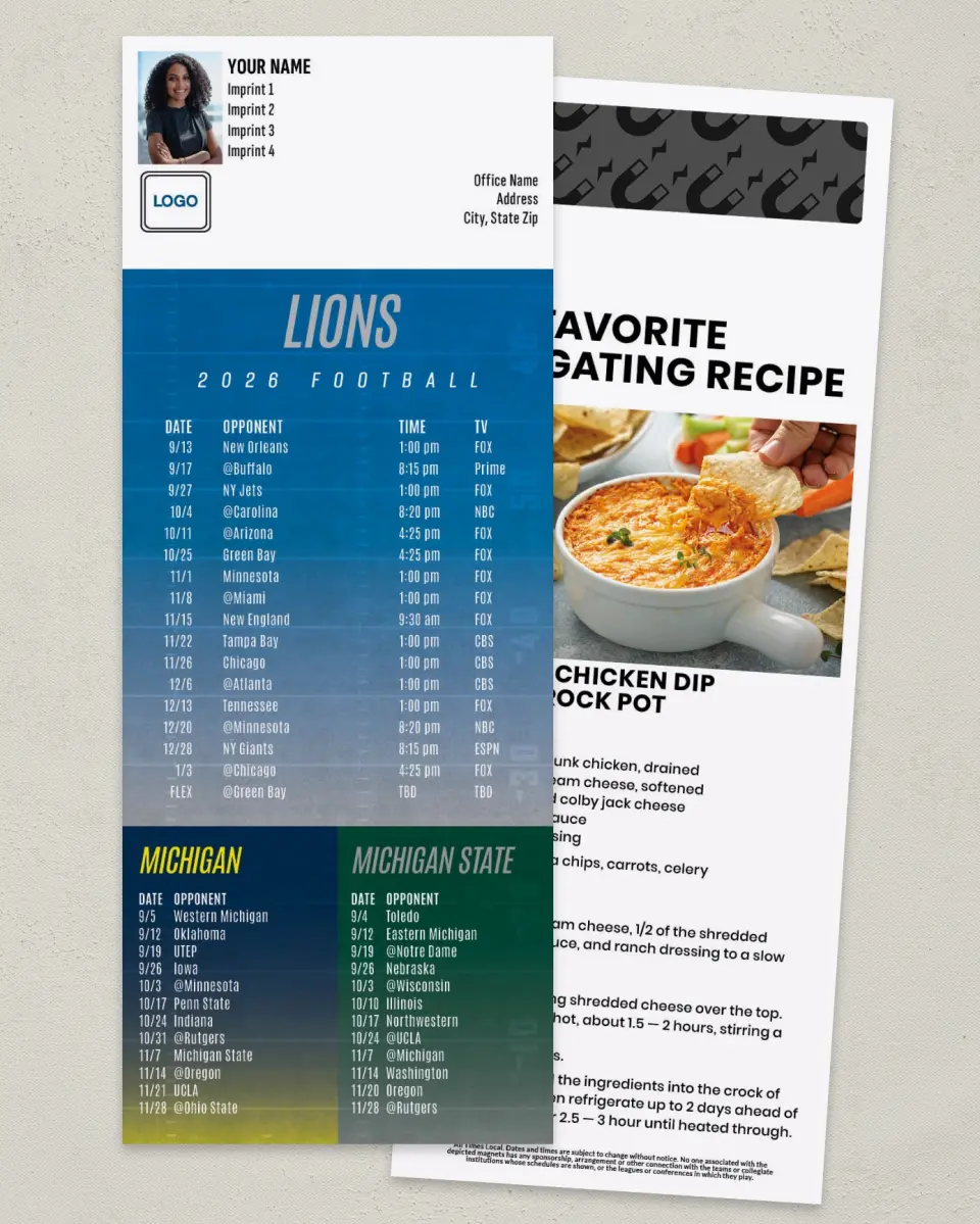 This is a 3½" x 9" Football Schedule Magnet called Lions + University of Michigan + Michigan State University printed in full color