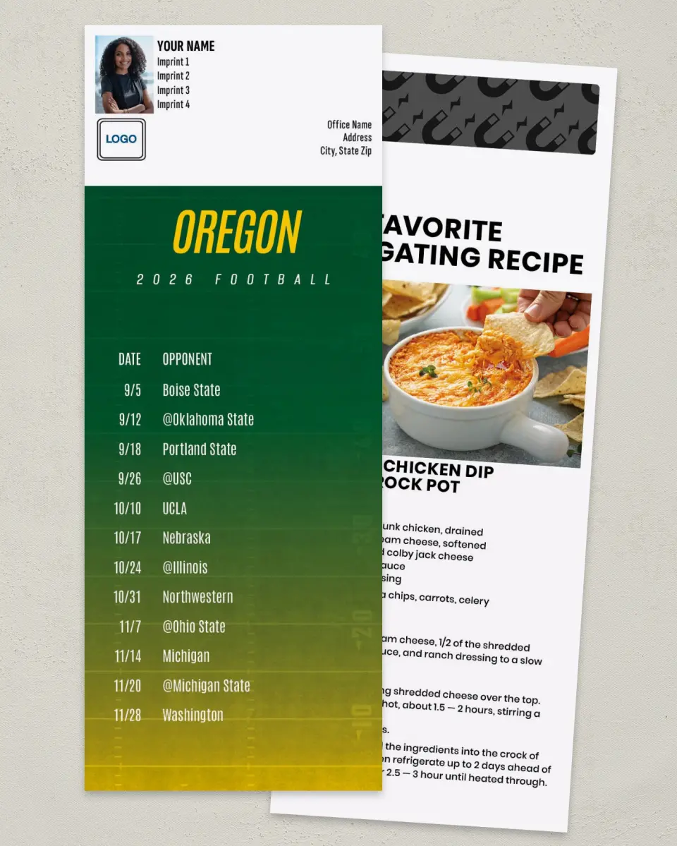 This is a 3½" x 9" Football Schedule Magnet called Oregon printed in full color