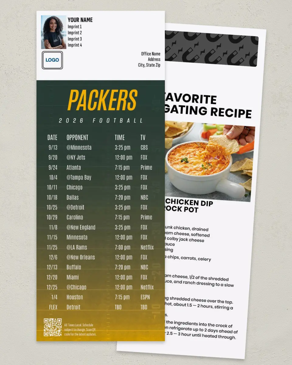 This is a 3½" x 9" Football Schedule Magnet called Packers printed in full color