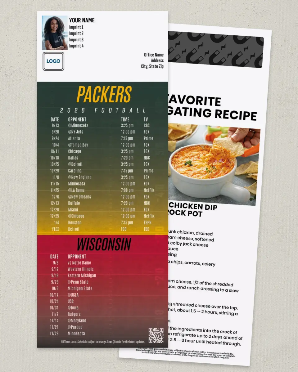 This is a 3½" x 9" Football Schedule Magnet called Packers + Wisconsin printed in full color