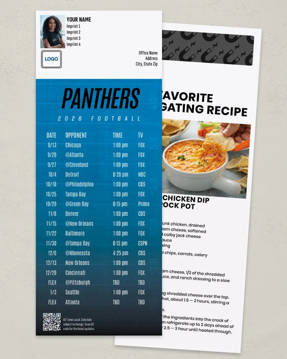 This is a 3½" x 9" Football Schedule Magnet called Panthers printed in full color
