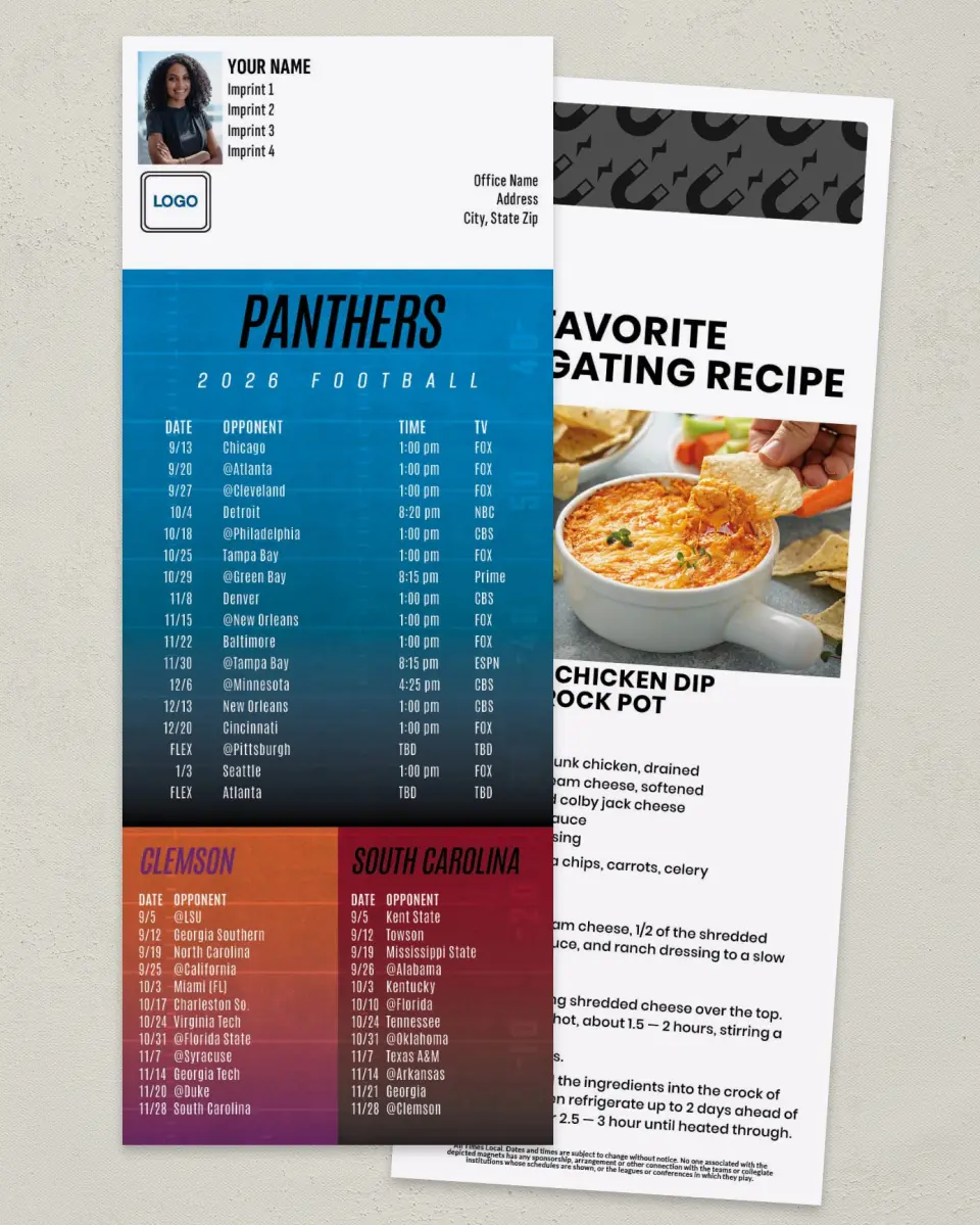 This is a 3½" x 9" Football Schedule Magnet called Panthers + Clemson University + University of South Carolina printed in full color