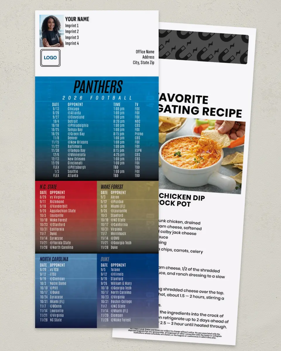 This is a 3½" x 9" Football Schedule Magnet called Panthers + NC State + Wake Forest + University of NC + Duke printed in full color