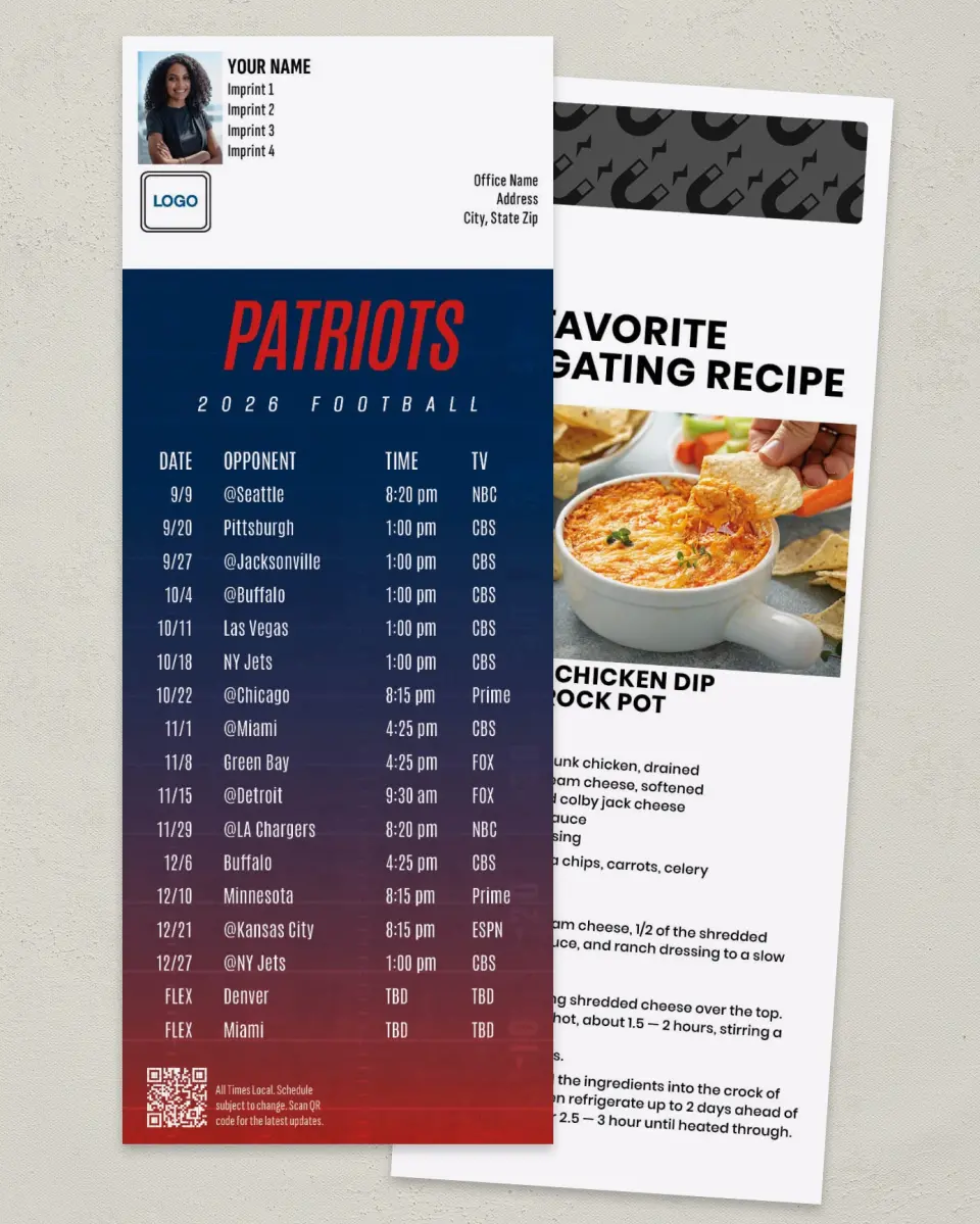 This is a 3½" x 9" Football Schedule Magnet called Patriots printed in full color