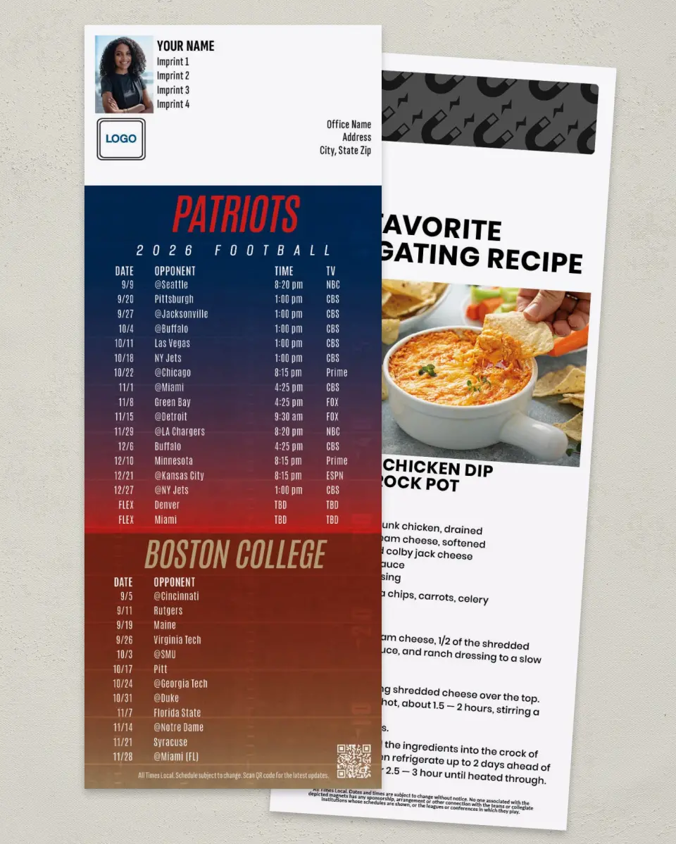 This is a 3½" x 9" Football Schedule Magnet called Patriots + Boston College printed in full color