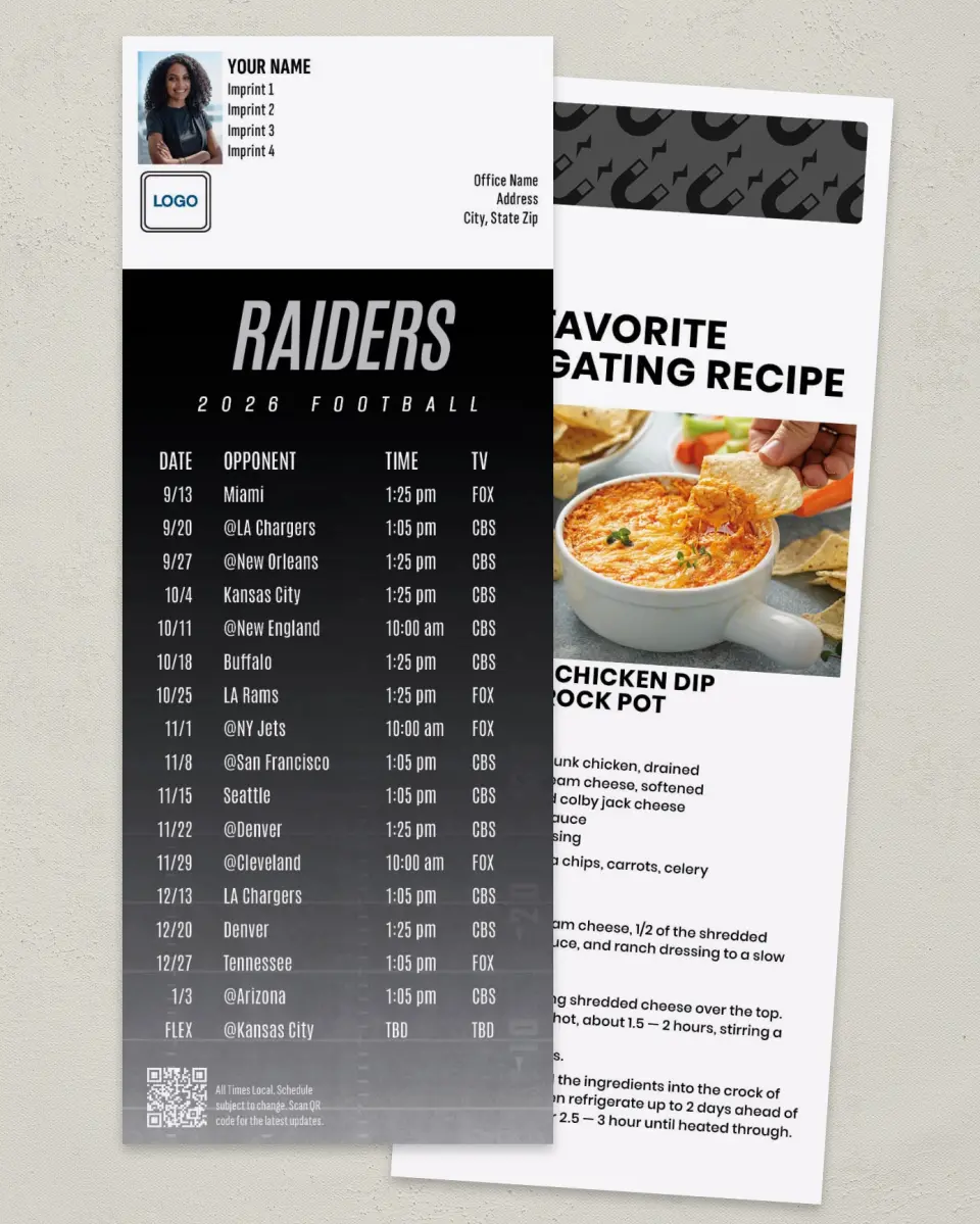 This is a 3½" x 9" Football Schedule Magnet called Raiders printed in full color