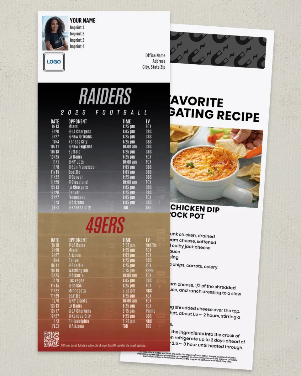 This is a 3½" x 9" Football Schedule Magnet called Raiders + 49ers printed in full color