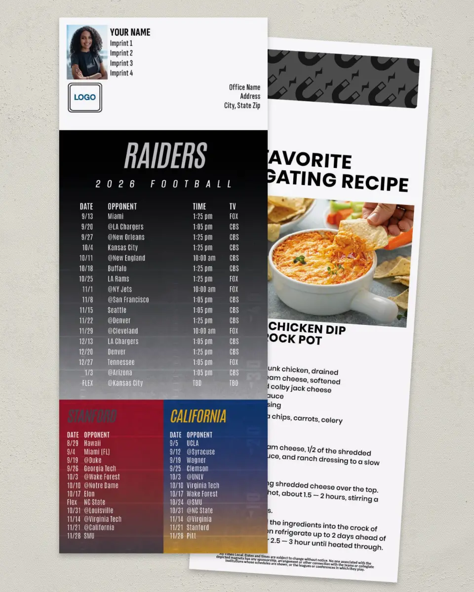 This is a 3½" x 9" Football Schedule Magnet called Raiders + Stanford + California printed in full color