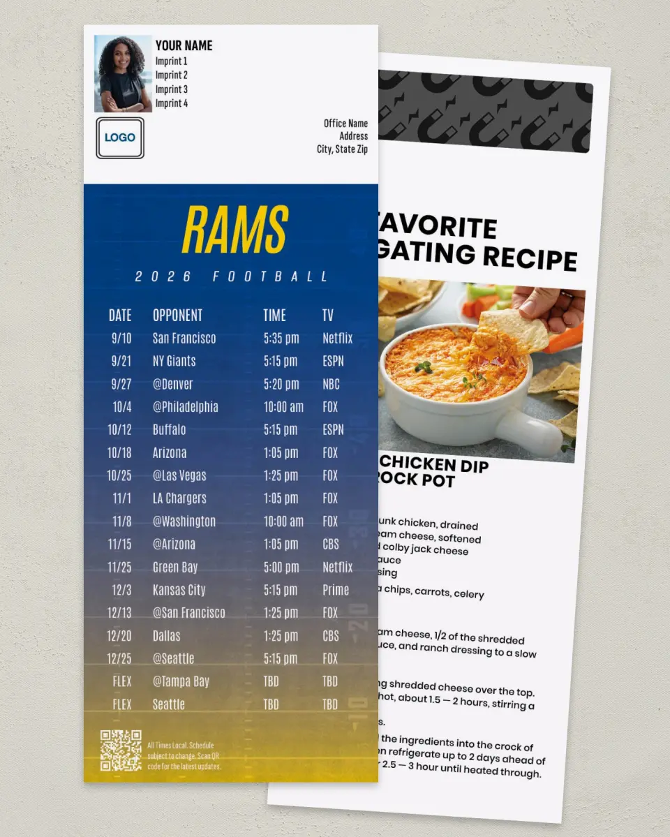 This is a 3½" x 9" Football Schedule Magnet called Rams printed in full color