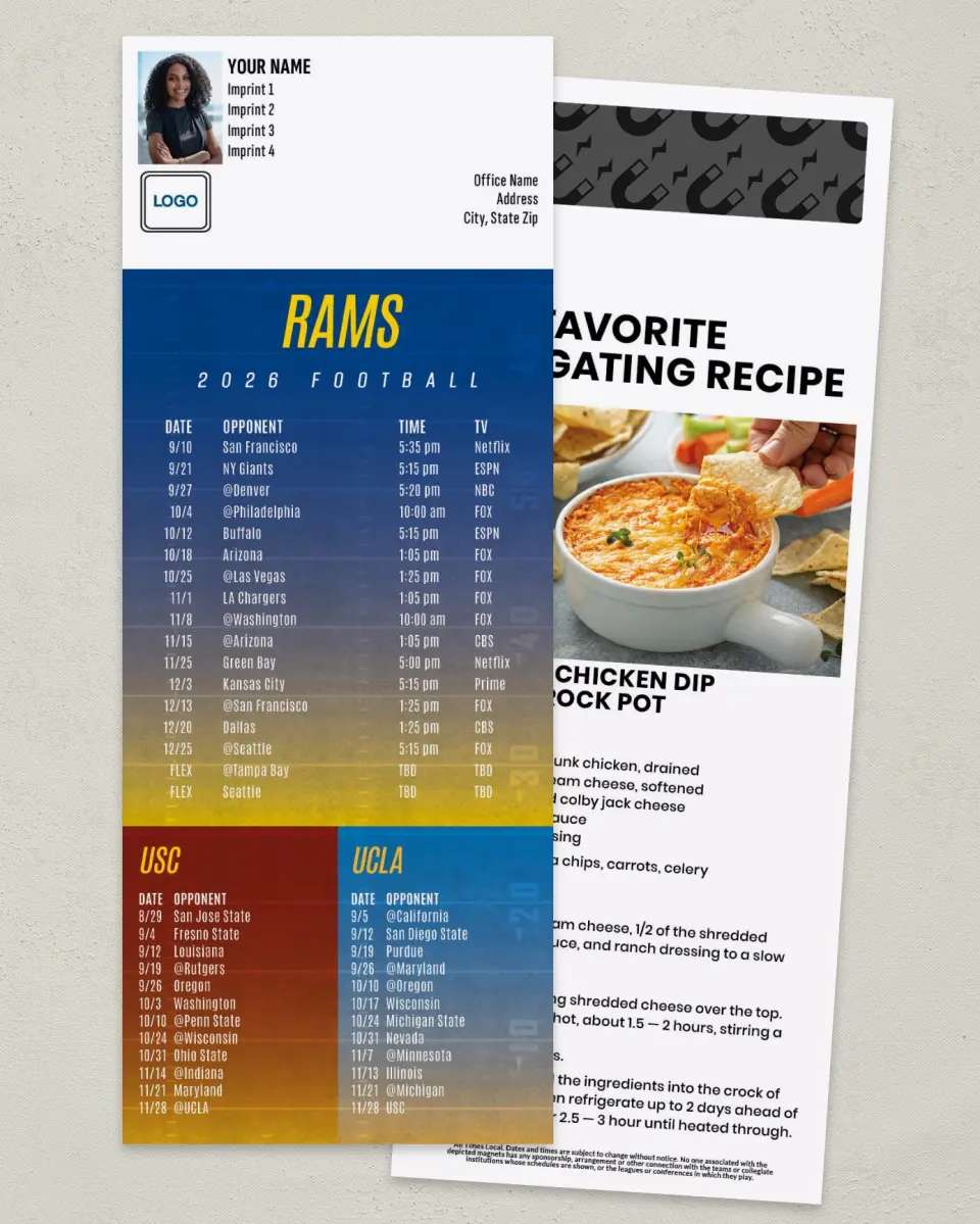 This is a 3½" x 9" Football Schedule Magnet called Rams + USC + UCLA printed in full color
