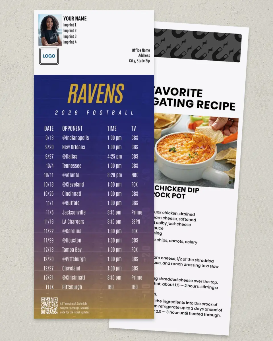 This is a 3½" x 9" Football Schedule Magnet called Ravens printed in full color