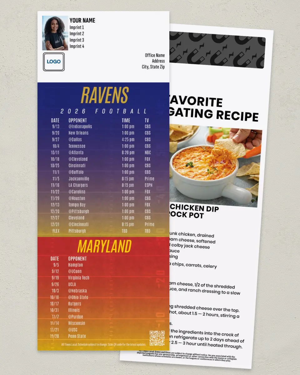 This is a 3½" x 9" Football Schedule Magnet called Ravens + Maryland printed in full color