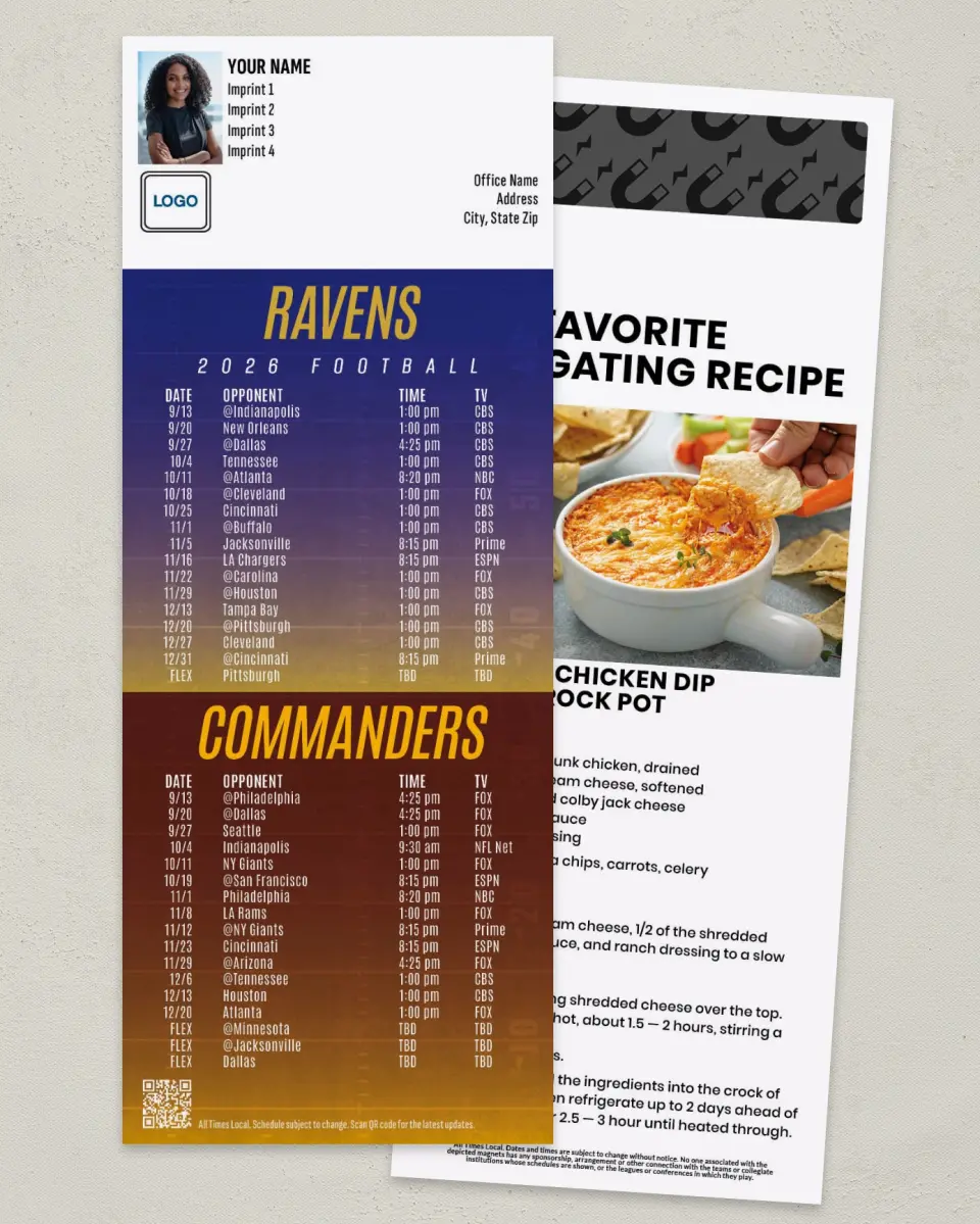 This is a 3½" x 9" Football Schedule Magnet called Ravens + Washington printed in full color