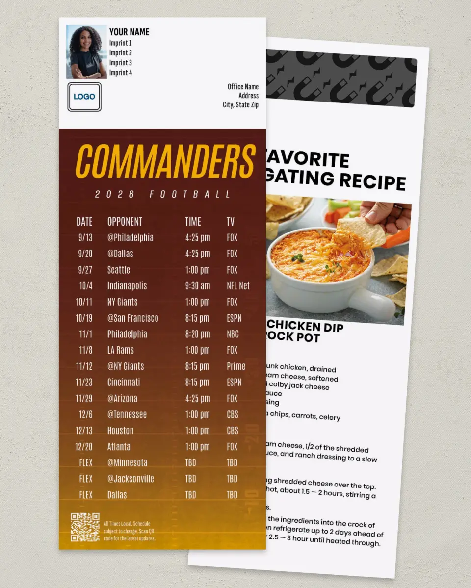 This is a 3½" x 9" Football Schedule Magnet called Washington Commanders printed in full color
